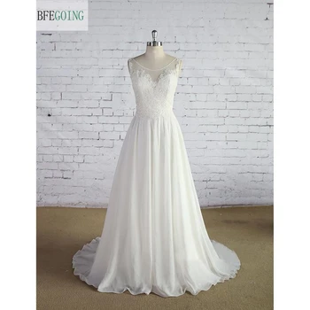 Hvid Chiffon Lace A-line Wedding Dress Domstol Tog Ærmeløs Lynlås Real/Originale Fotos Custom made