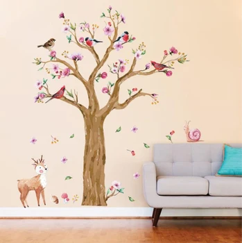 Tegnefilm Dyr Tree wallsticker til børneværelset Hånd Malet Fugle, Hjorte mamalook Dejlige Blomst vægoverføringsbillede mamalook