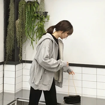 Hættetrøjer Kvinder Preppy Løs Smarte koreanske Nye Harajuku Dame Sweatshirt med Hat Simpel Grå Lommer Ladies Zip-up Trendy Outwear