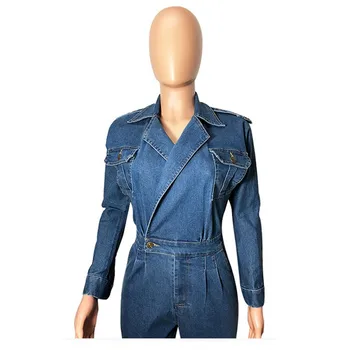 2019 Kvinder Denim Buksedragt Damer Langærmet Jeans Rompers Kvindelige Afslappet Plus Size Denim Samlede Playsuit Med Lomme