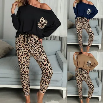 Kvinder Mode Homewear Pyjamas Sæt Løs Langærmet Top Leopard Printet Elastisk Talje Snøre Sweatpants Sæt Med Lommer
