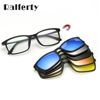 Ralferty Polariserede Solbriller Mænd Kvinder 5 I 1 magnetlås På Glas TR90 Optisk Recept brillestel Magnet Klip