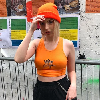 Broderi Ærmeløse Tank Tops Kvinder Sommeren Afslappet Crop Tops Tees Fashion Streetwear Orange Croptop Bomuld Angel