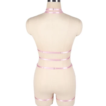 Pink Full Body Harness Sæt Sexet Undertøj Elastisk Justere Plus Size Bundet Selen Bur Bra Bryllup Pole Dance Ben Strømpebånd Bælte