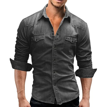 Denim Skjorte Mænd 2020 Mes Bomuld Jeans Skjorte Mode Efteråret Slank Med Lange Ærmer Mandlige Cowboy Skjorte Stilfulde Vask Slank Toppe Asian Størrelse