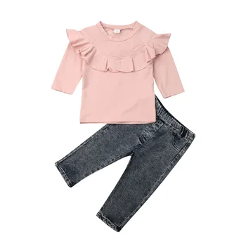 Pige Tøj 2019 Toddler Baby Pige Børn Flæse Krave langærmet Denim Bukser Bukser Tøj Størrelse 2-6Y