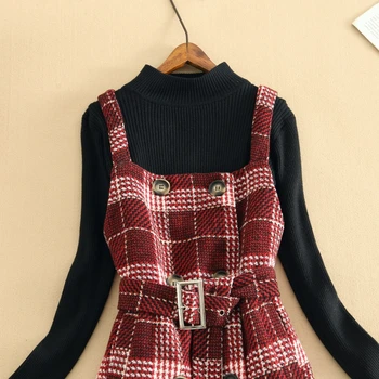 Efterår Og Vinter Fashion Tweed 2 Delt Sæt Kvinder Turtleneck Sweater +Mini Uld Samlede Kjole Sæt Damer Vintage Tøj Sætter Nye
