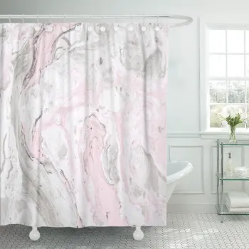 Pink Feminine Abstrakte Blæk Marmor Grå Kunstneriske Blob Lærred badeforhæng Vandtæt Polyester Stof 72 x 72 Cm-med Kroge