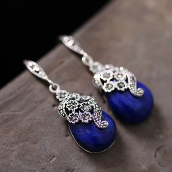 Afghanistan Naturlige Lapis Lazuli 925 Sterling Sølv Dråbe Øreringe Til Kvinder Retro Dråbe Øreringe Fine Smykker Engros