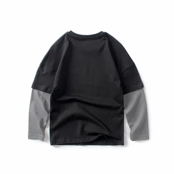 Drenge' Farve Matchende langærmet Bunden Shirt 2020 Efteråret Unge Mode Brev Udskrivning Falske To-stykke T-shirt Til 5-14 År