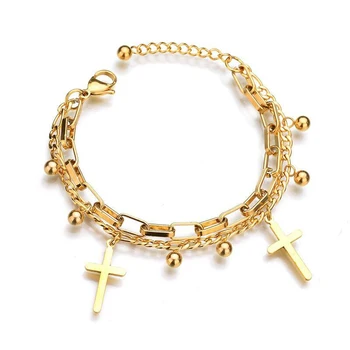 MxGxFam Religiøse Cross Charm Armbånd 2 line Smykker Til Kvinder 316L titanium stål, Guld Farve 17 cm +3,5 cm No Fade