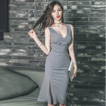 Fashion kvinder komfortabel, elegant ærmeløs formel kjole nye ankomst sexet temperamentsfulde klassisk grå chiffon blyant kjole