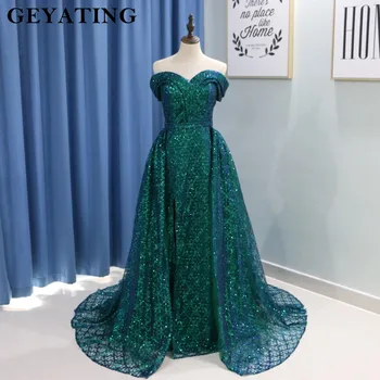 Saudi-Arabisk Mørk Grøn Havfrue Kjole Til Aften I Lang Aftagelig Tog Prom Kjoler 2020 Dubai Tyrkisk Off Skulder Aften Kjoler