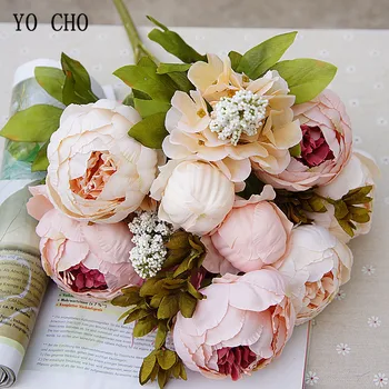 YO CHO 13 Flok/Buket Kunstige Pæon blomster Falske Silke Steg Pæoner Til Home Party indretning Bridal Wedding Dekoration krans