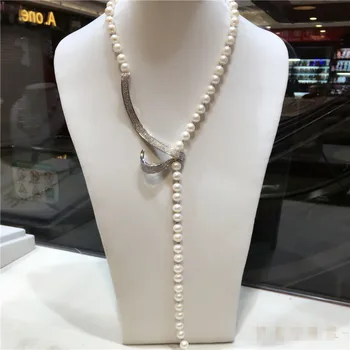 Hånd knyttede 8-9mm naturlig hvid ferskvands perle halskæde lang sweater kæde mode smykker