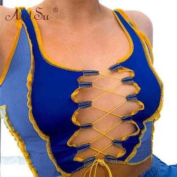 ArtSu Sexet Hule Ud Bandage Crop Tops Streetwear Kvinder Fashion Club Party Tank Tops Hit Farve Patchwork Rib Strik Sommer Top
