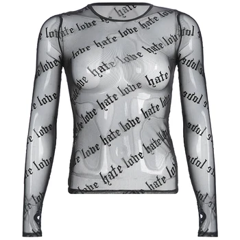 Sweetown Goth Æstetiske Se Gennem Sexet Mesh Øverste Mørke den Akademiske verden Brev Udskrive E Pige Tøj med Lange Ærmer Y2K Kvinde t-shirts 2021