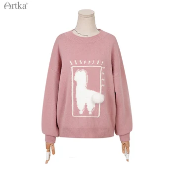 ARTKA 2020 Vinter Nye Kvinder Sweater Mode Løs Uld Strikket Pink Sweater Blød Varm O-Hals Tegnefilm Strikkede Trøjer YB25500D