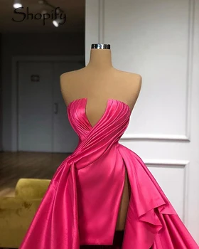 Lange arabisk Stil Kjole til Aften i 2020 A-line Høj Slids Hot Pink Satin Dubai Kvinder Elegante Formelle Kjoler