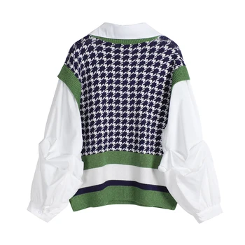 Bluse med Lange Ærmer Patchwork Strik Sweater 2020 Efteråret løs Casual Mode koreanske Falske To Stykker Pullover Kvinder sweater toppe
