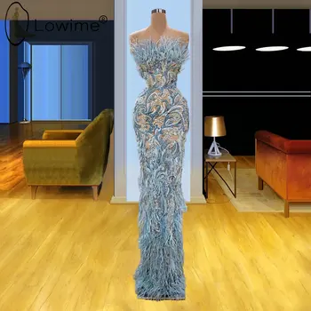 Robe De Soiree 2020 Stropløs Havfrue Aften Kjoler Applique Fjer Saudi-Arabien, Dubai Prom Party Kjoler