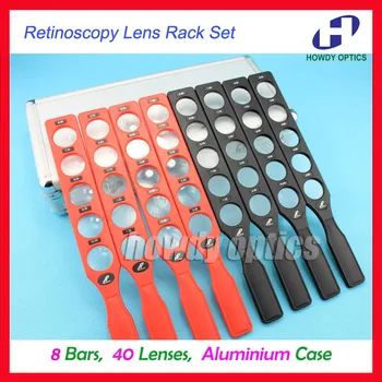 Oftalmologiske retinoscopy linse rack sæt plast bar og Aluminium case tavlen optik optiske forsyninger 8 barer 40 linser