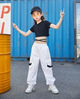 Kid Mode Hip Hop Sort Afgrøde Top T-Shirt Hvid Taktiske Cargo Bukser Tøj til Piger i Jazz-Dans, Kostume Tøj Street-Wear