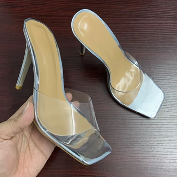 Sexet Gennemsigtig PVC tøfler sandaler sommer mode damer muldyr hæle kvinder høje hæle sandaler fest sko kvinde størrelsen 35-42