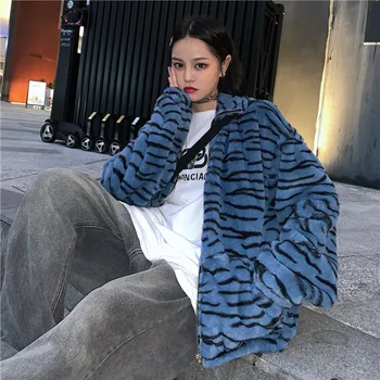 Kvinder er vinter Harajuku Retro Varme Frakker Kvinder Mode Plys Lynlås Lomme Jakker 2020 Zebra Stribet Parka Outwear Frakker 55454