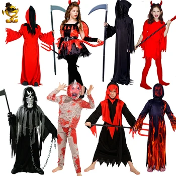 Purim Børn Devil&Zombie&Manden Med Leen Kostume Halloween Skelet Dreng&Pige Skræmmende Red Devil Robe Cosplay Kostumer Til Børn