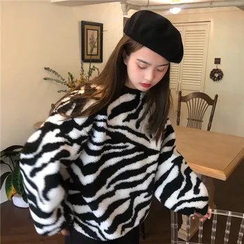 Løs pullover tyk zebra print uld swea