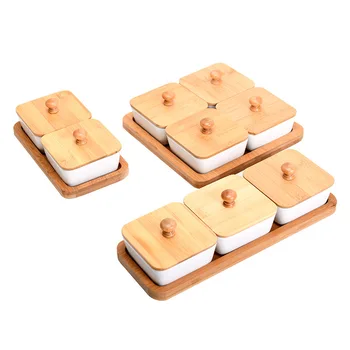 Japansk Rektangel Keramiske Opbevaringsbakke Med Bambus Låg Tør Frugt Dessert Net Skål Snack, Slik, Dessert Skuffe Multi Grid Plade