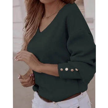 Laamei Kvinder Bluser Shirt Afslappet V-Hals Kvinder Toppe Og Bluse Med Lange Ærmer-Knappen Office-Shirts 2020 Kvindelige Solid Efteråret Blusas