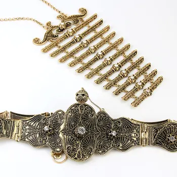 Sunspicems Vintage Retro Guld Farve Kaukasus Brynje, Bælte Sæt Med Hvid Krystal Kvinder, Etniske Bryllup Smykker Metal Kæde