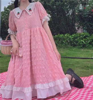 Japansk søde dukke krave boble ærme kort-langærmet mid-længde kjole pige 2020 nye sommer korte ærmer mori girl kjoler