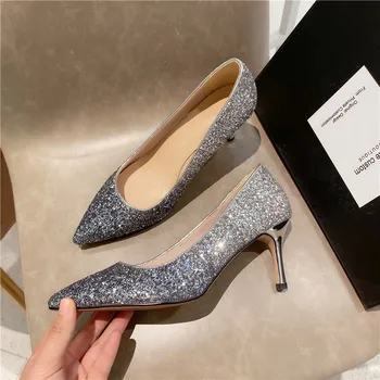 MNIXUAN Glitter Hæle 2019 Kvinder Sko luksus sexet tynde blå høje hæle slip på party dress sko sølv Brude bryllup Sko