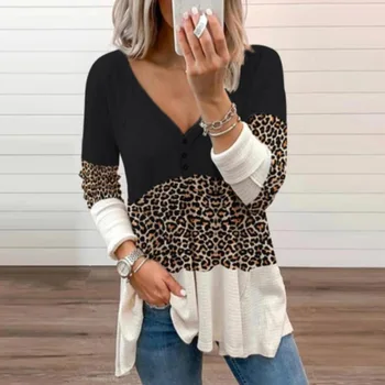 Kvinder Casual Fashion V-Hals Lange Ærmer Toppe 2021 Spring Nye Elegante Patchwork Leopard Bluse Shirts Kvindelige Løs Pullovere 3XL