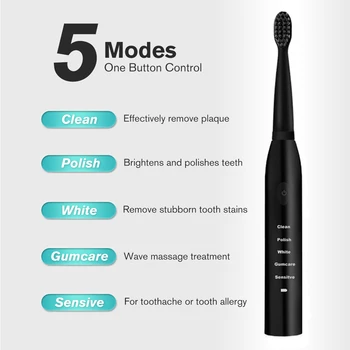 Kraftig Ultralyd Sonic Elektrisk Tandbørste Voksen 5-Tilstand USB-Oplader, Genopladelige El-tandbørste Udskiftning Hoveder Sæt