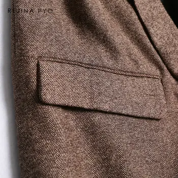 BIAORUINA Kvinder Vintage Tweed Smarte Blazer Hak Krave Plisserede Ærme Kontor Dame Casual Mode Blazer jakke med Lommer