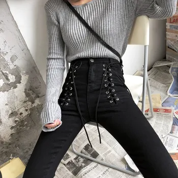 Jeans Kvinder Fashion-Lace-Up-Zip-Ankel-længde Bukser 2019 Nye Høj Talje Slank Sort Blyant Bukser til Kvinder