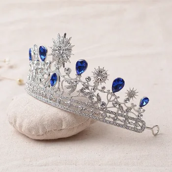 Luksus Elegante Blå Krystal Stjerne, Månen Bridal Crown Tiaras Rhinestone Festspil Diadem Slør Tiara Bryllup Hår Smykker Tilbehør