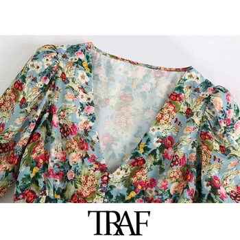TRAF Kvinder Mode blomsterprint, der er Beskåret, Bluser Vintage V-Hals, Korte Ærmer og Lynlås Kvindelige Skjorter Blusas Smarte Toppe