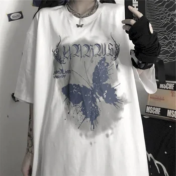 Sommeren Tshirt Kvinder T-Shirt Harajuku T-shirt Ins Mørke Hip-hop Personlighed Butterfly Graffiti Print Kort-langærmet Punk Tøj