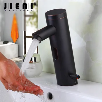 JIENI Sort Håndvask Armatur Automatisk Touch Sensor Vandhaner Messing Badeværelse Vask Krom Vandhaner Mixer & Vand fra Hanen Mixer Gratis Touch
