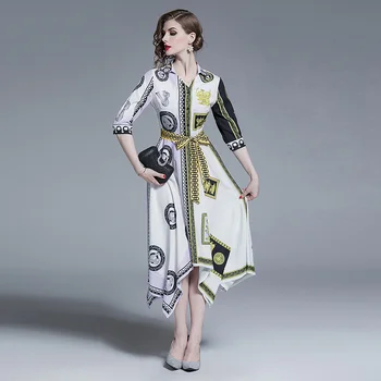 Europa-station 2019 Xia Fan Institut ret retro print kjole Europa og Amerika sexy-V-hals uregelmæssige kjole