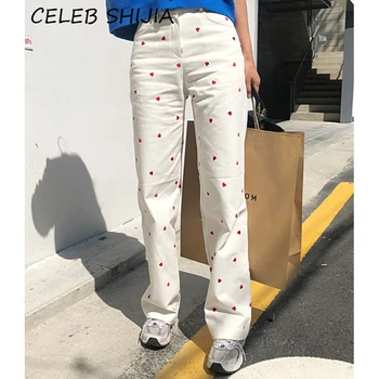 Ny Mode Broderi Denim Jeans Til Kvinde, Høj Talje Vintage Cowboy Bukser Lady Ris Hvid Straight Bukser Kvindelige Bunden