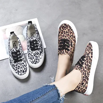 Dropshipping Mode Leopard Kvinder Sko 2019 Efteråret Nye Lace-Up Afslappet Lærred Kvinde Sko Sneakers Komfortable Lejligheder Kvinder