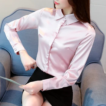 Kvinder Silke Skjorte Elegante Kvinder Satin Bluser Skjorter Blusas Mujer De Moda 2019 Koreansk Mode Kvinder Silke Bluser Shirt Plus Størrelse
