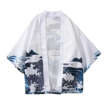Afslappet Mænd Wave Dragon 3/4 Ærme Åben Front Yukata Kimonoer Cardigan Frakke, Shirt