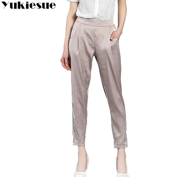 Høj talje chiffon harem bukser solid silke OL kontor casual bukser kvindelige bukser rayon Plus størrelse 4XL løs ankel længde bukser